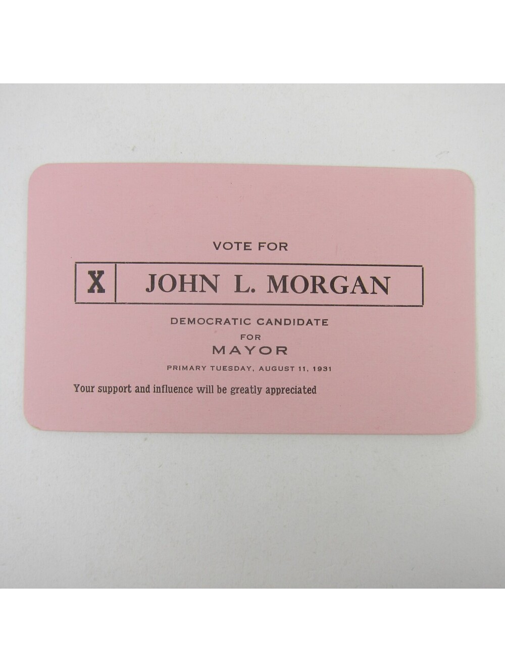Political Campaign Election Card Greenville Ohio Mayor John Morgan Vintage 1931